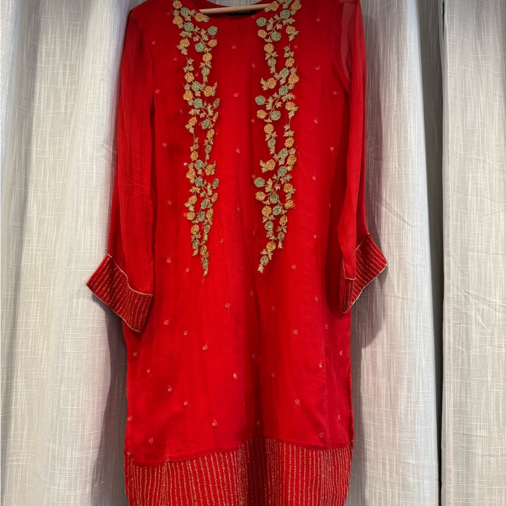 Red Embroidered Dress with Gold Accents